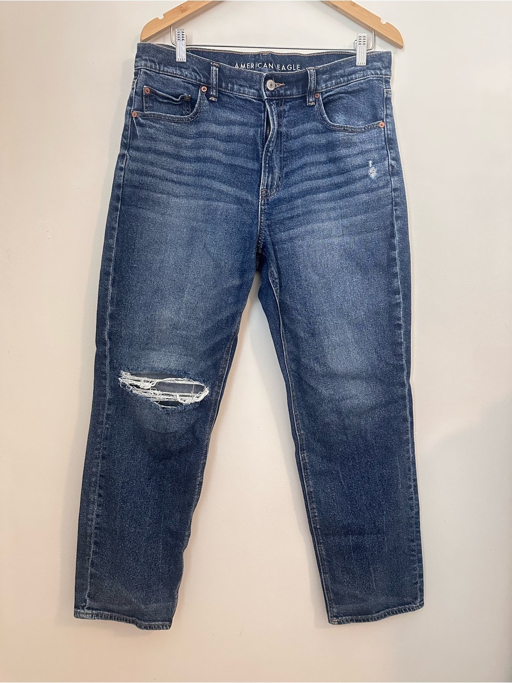 American Eagle Distressed Mid Wash Jeans Super High Rise Straight 12 Regular